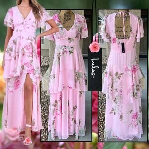 Lulus Mood Pink Floral Print Tiered Chiffon Tiered Maxi Dress Size L